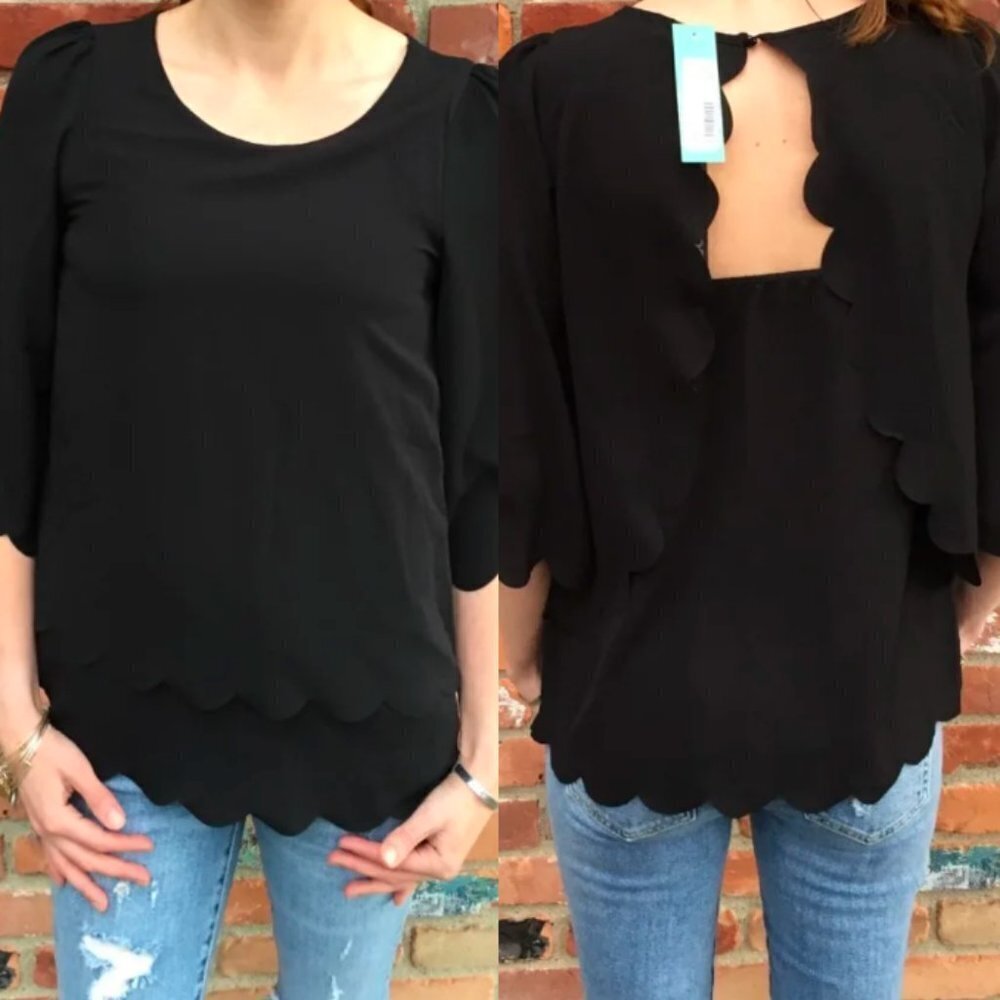 🦋  STITCHFIX PAPERMOON Black Scalloped Violeta Blouse Medium Petite